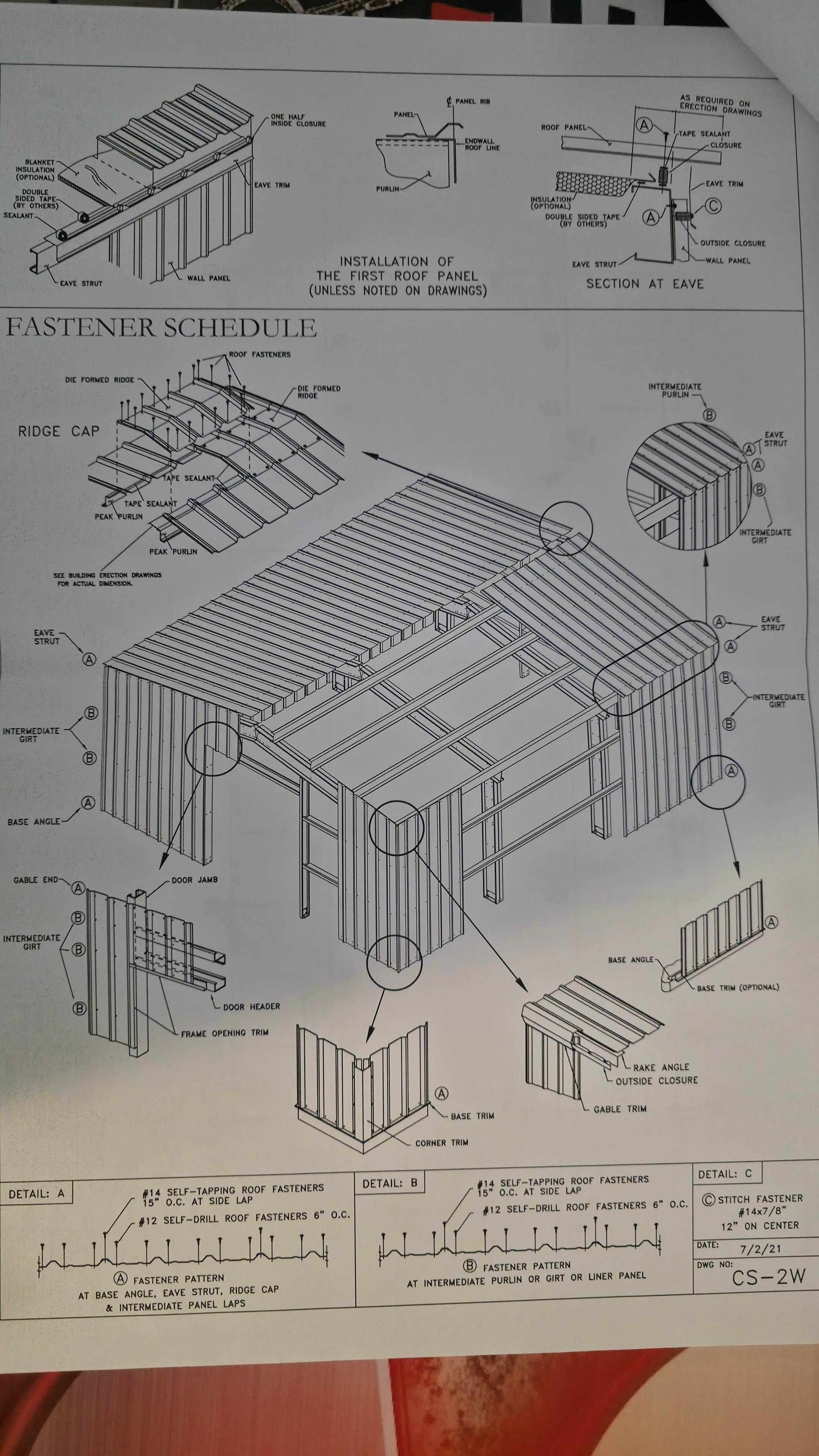 Detailed construction drawing showing roof panel installation and fastener schedule for a metal building project.
