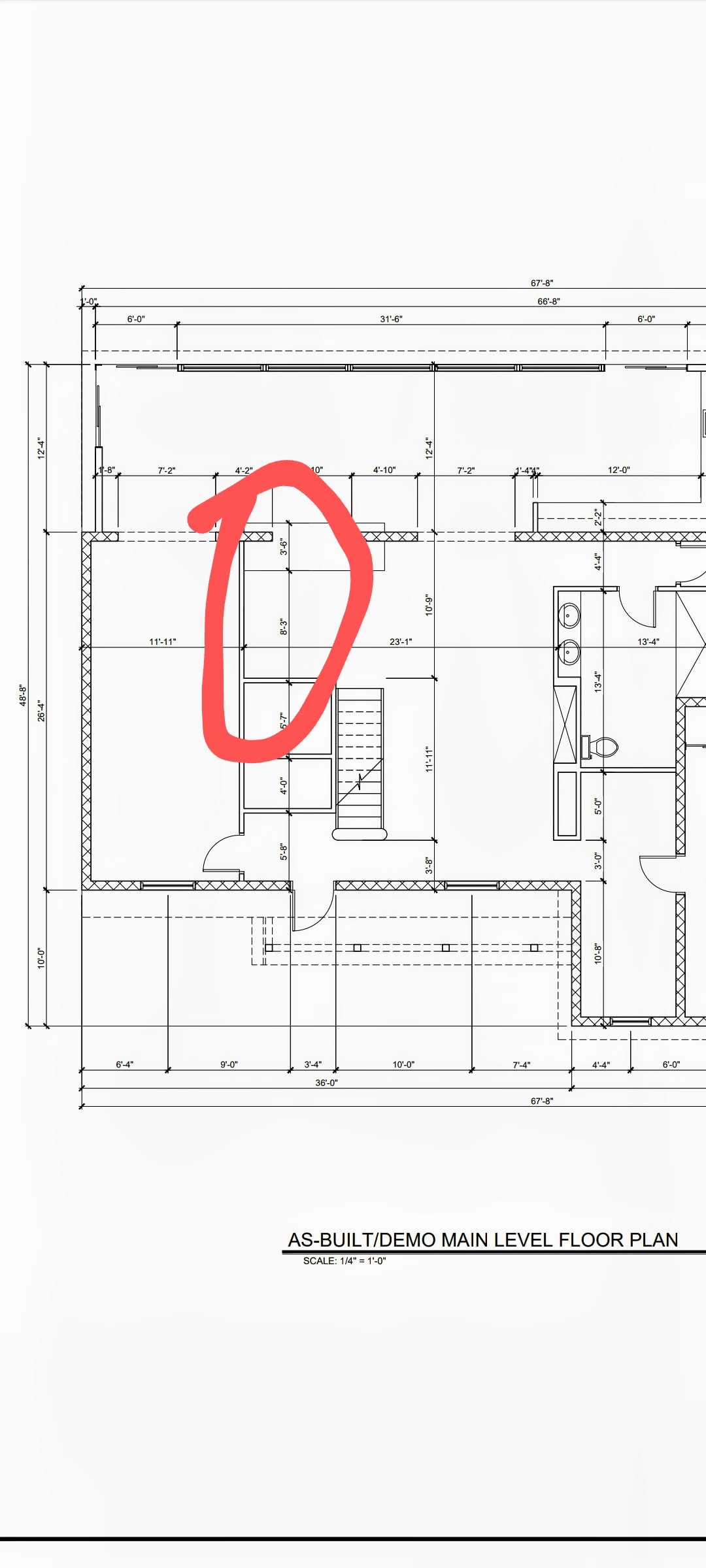 As-built/demo main level floor plan for the Gilley Residence with red annotation marking the stair and entry area.