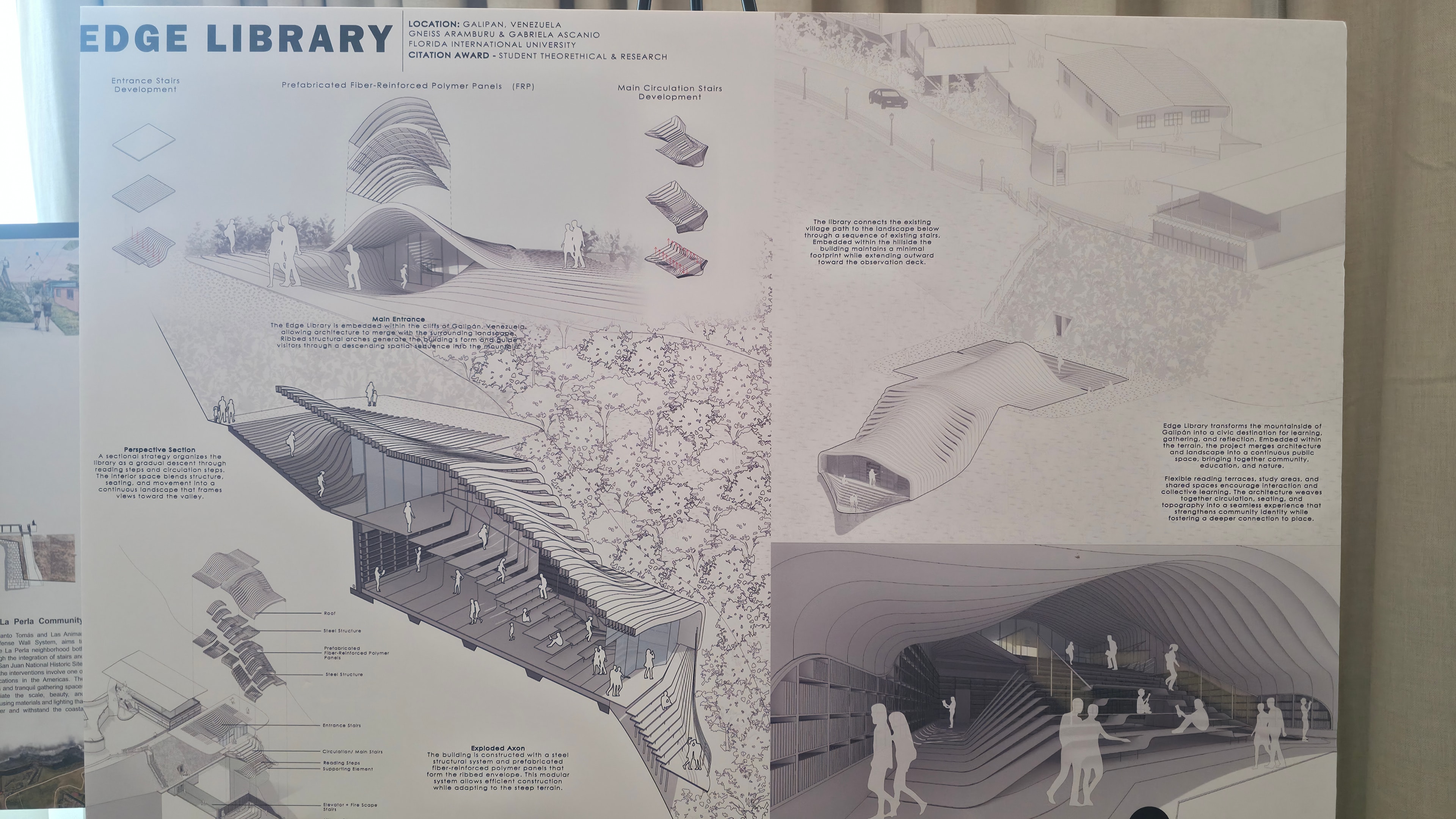 Architectural design board for the pedestrian access project at the San Juan Defense Wall System, reconnecting Old San Juan with La Perla.