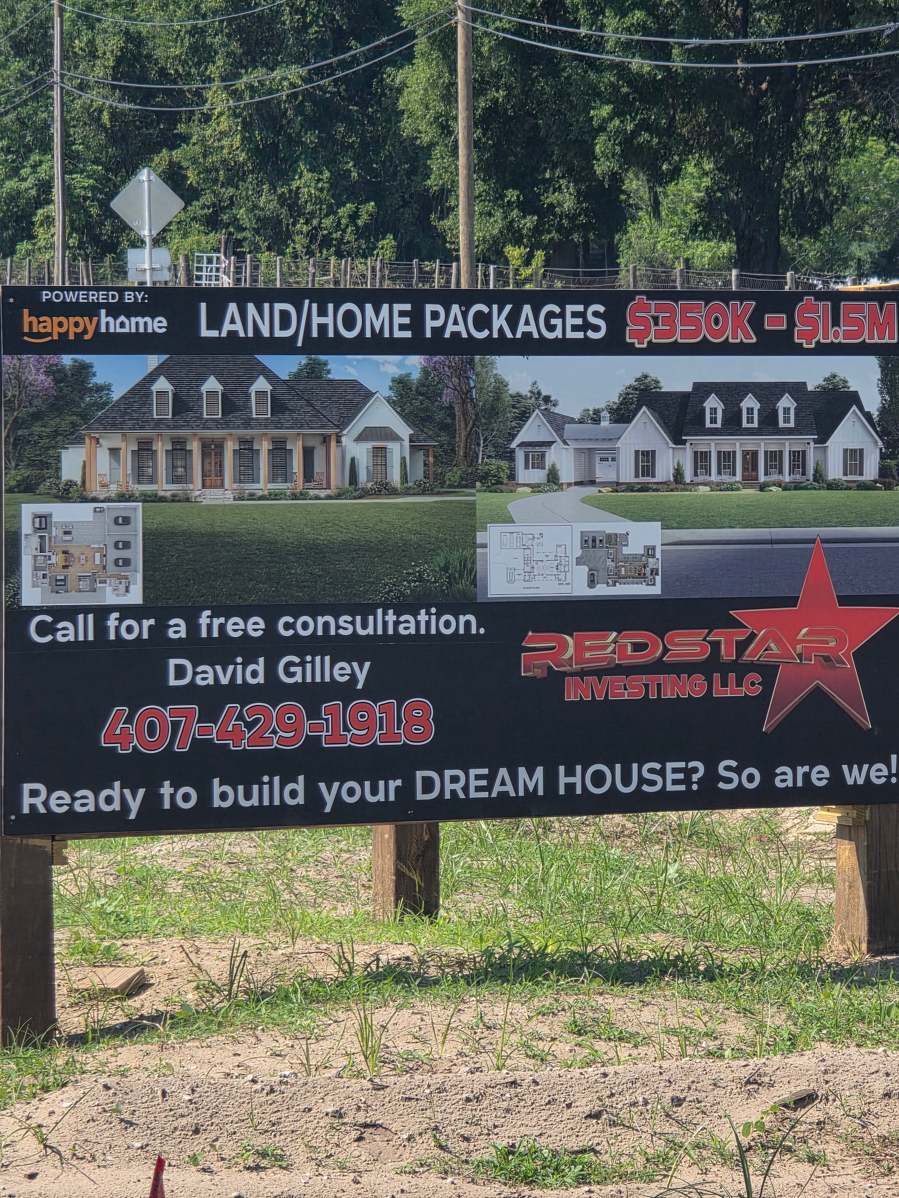 Close-up of the Red Star Investing LLC land and home packages billboard advertising $350K–$1.5M packages.